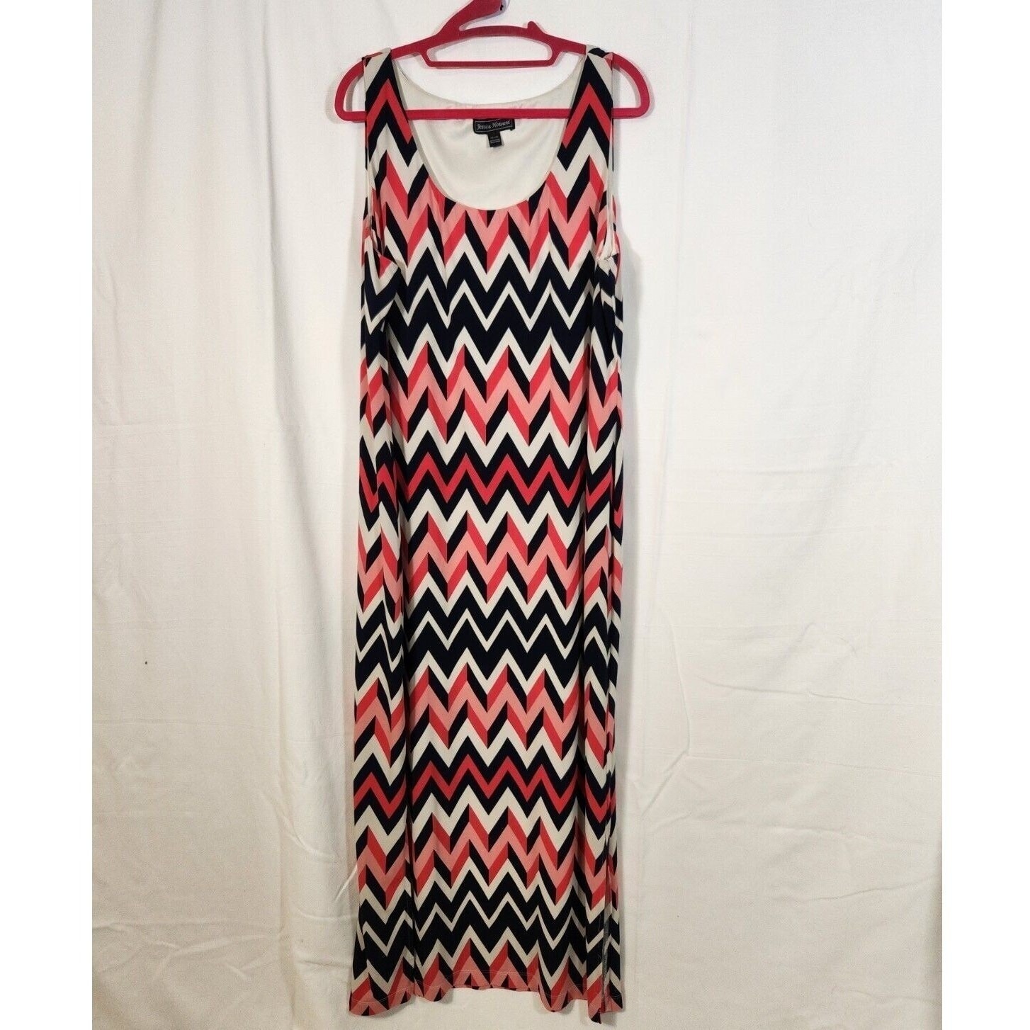 Jessica Howard $89 Xxl Sleeveless Navy Blue Coral Pink White Chevron Maxi Dress